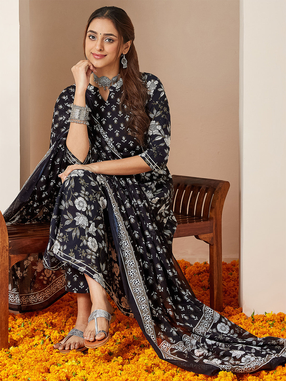 Women's Black Pure Cotton Floral Printed Anarkali Kurta Set