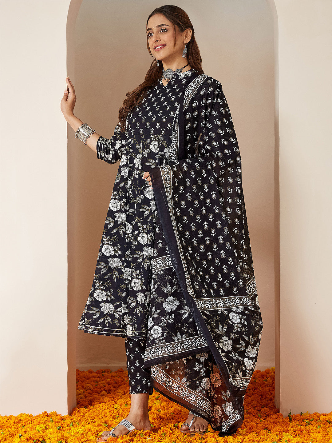 Women's Black Pure Cotton Floral Printed Anarkali Kurta Set