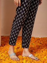 Women's Black Pure Cotton Floral Printed Anarkali Kurta Set