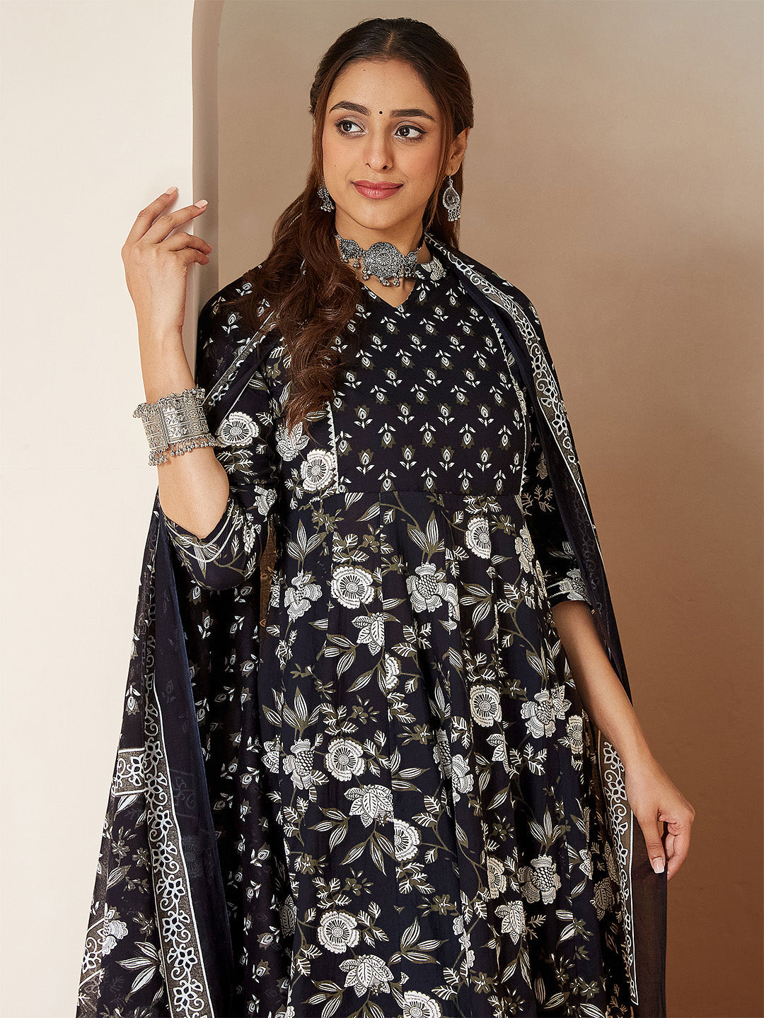 Women's Black Pure Cotton Floral Printed Anarkali Kurta Set