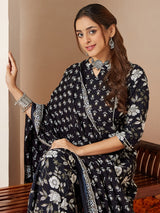 Women's Black Pure Cotton Floral Printed Anarkali Kurta Set