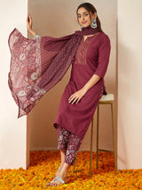 Women's Burgundy Pure Cotton Embellished Straight Kurta Set