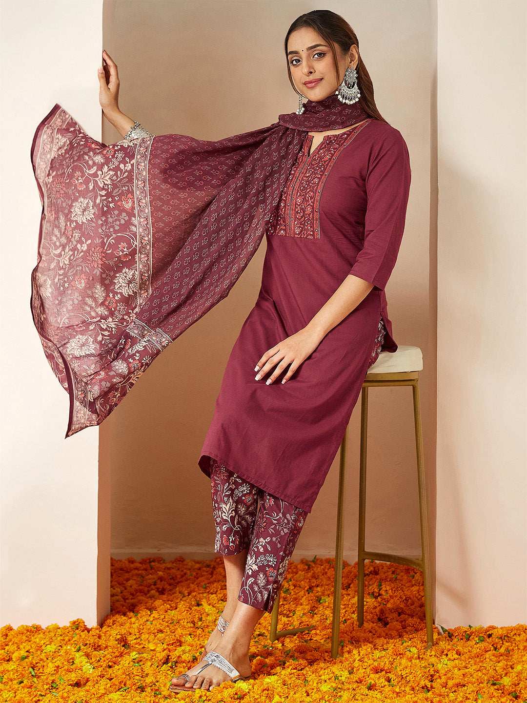 Women's Burgundy Pure Cotton Embellished Straight Kurta Set