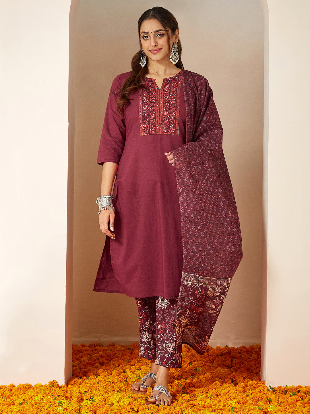 Women's Burgundy Pure Cotton Embellished Straight Kurta Set