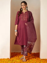 Women's Burgundy Pure Cotton Embellished Straight Kurta Set