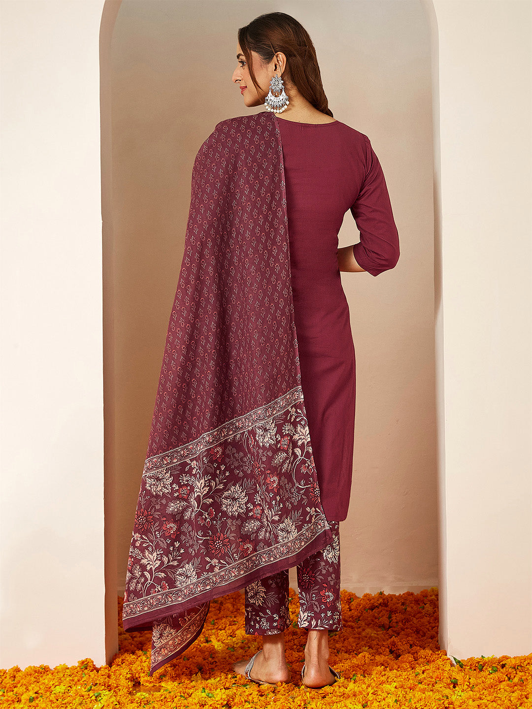 Women's Burgundy Pure Cotton Embellished Straight Kurta Set