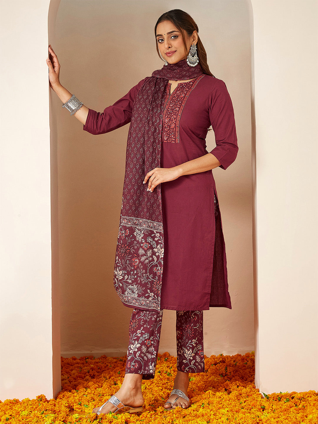 Women's Burgundy Pure Cotton Embellished Straight Kurta Set