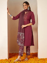 Women's Burgundy Pure Cotton Embellished Straight Kurta Set
