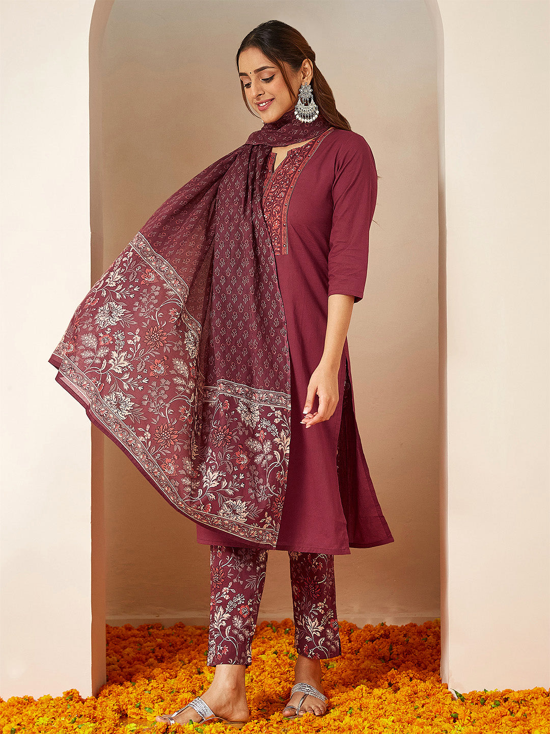 Women's Burgundy Pure Cotton Embellished Straight Kurta Set