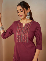 Women's Burgundy Pure Cotton Embellished Straight Kurta Set
