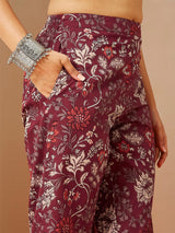 Women's Burgundy Pure Cotton Embellished Straight Kurta Set