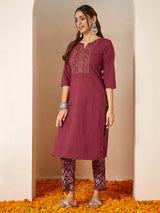 Women's Burgundy Pure Cotton Embellished Straight Kurta Set