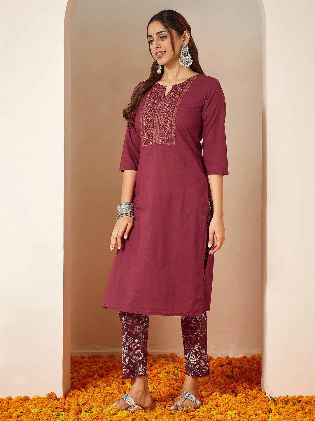 Women's Burgundy Pure Cotton Embellished Straight Kurta Set