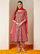 Women's Red Pure Cotton Floral Printed A-line Kurta Set