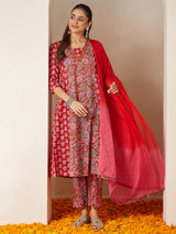 Women's Red Pure Cotton Floral Printed A-line Kurta Set
