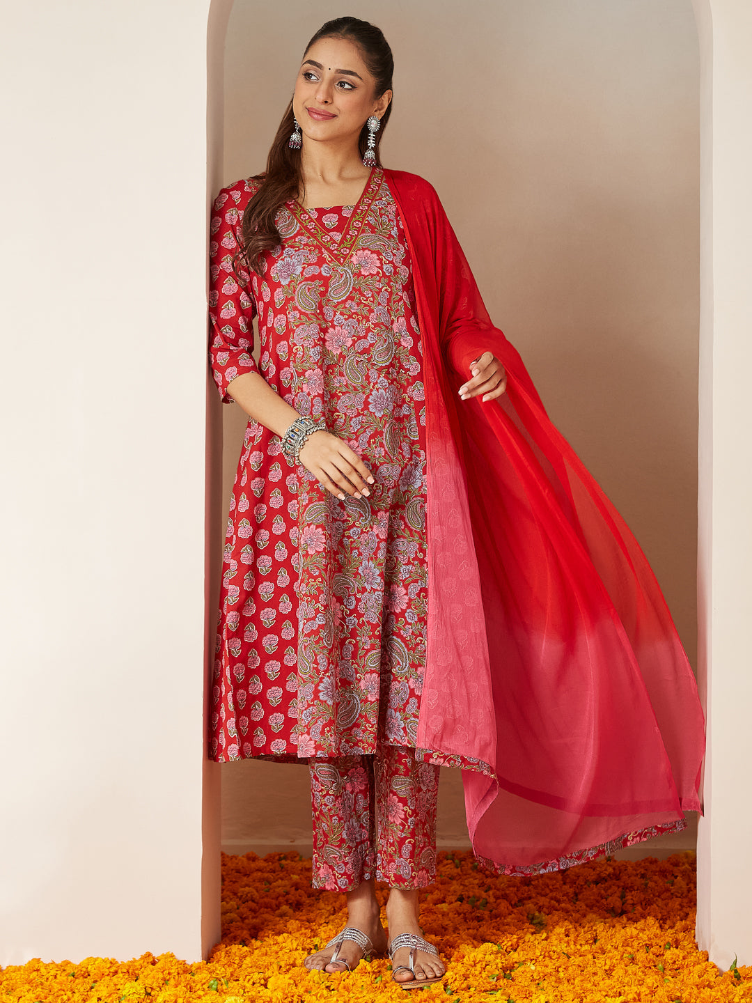 Women's Red Pure Cotton Floral Printed A-line Kurta Set