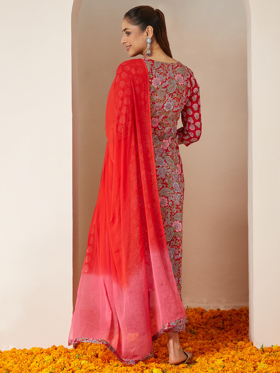 Women's Red Pure Cotton Floral Printed A-line Kurta Set