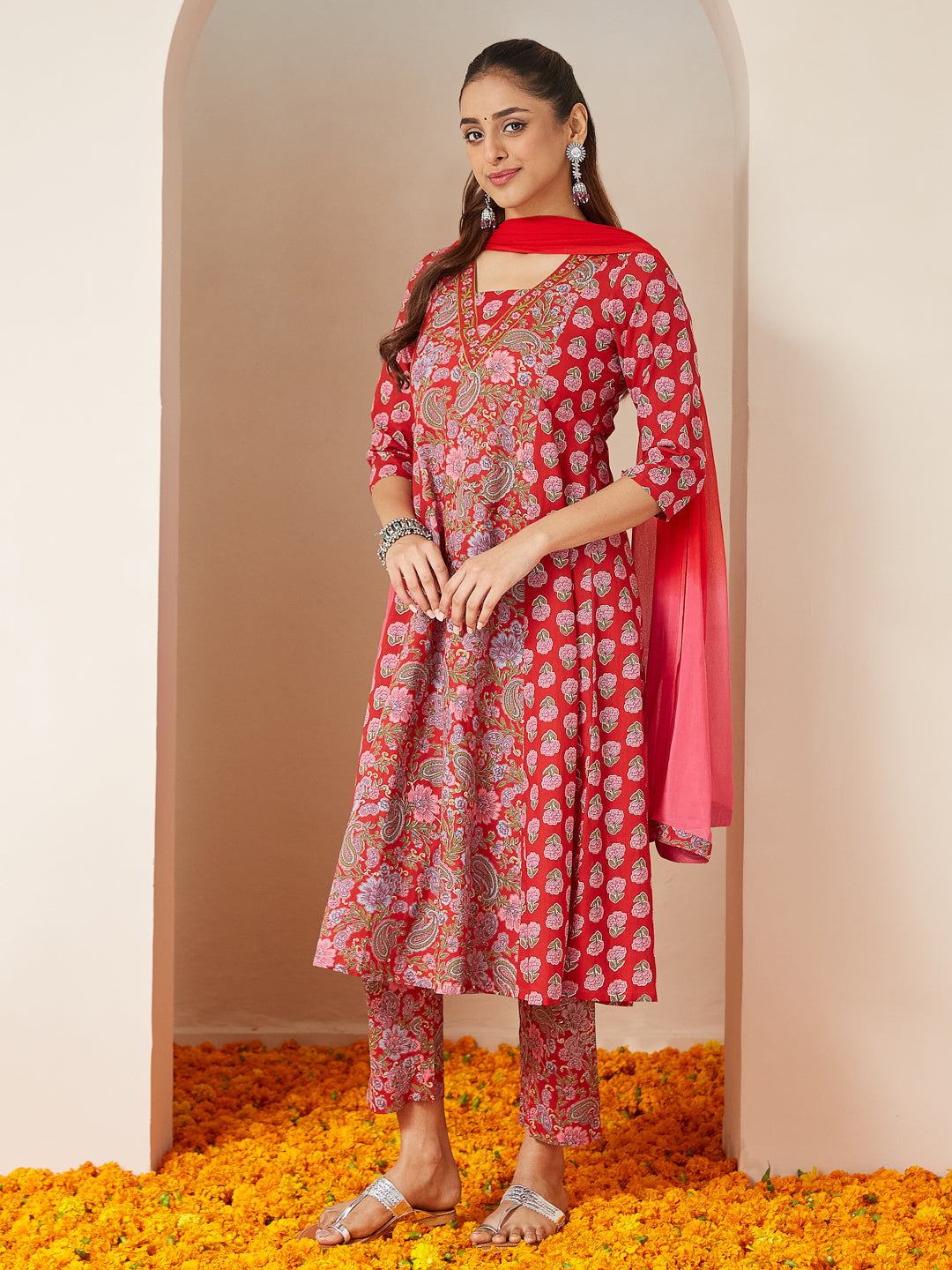 Women's Red Pure Cotton Floral Printed A-line Kurta Set