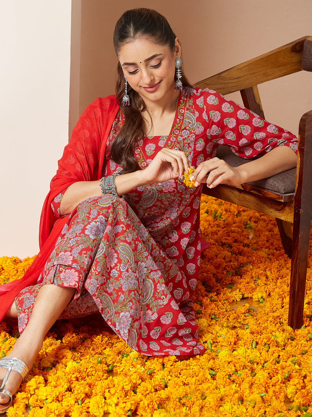 Women's Red Pure Cotton Floral Printed A-line Kurta Set