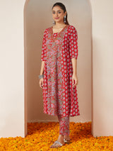 Women's Red Pure Cotton Floral Printed A-line Kurta Set