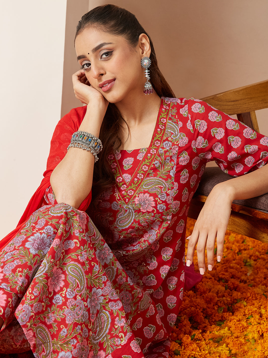 Women's Red Pure Cotton Floral Printed A-line Kurta Set