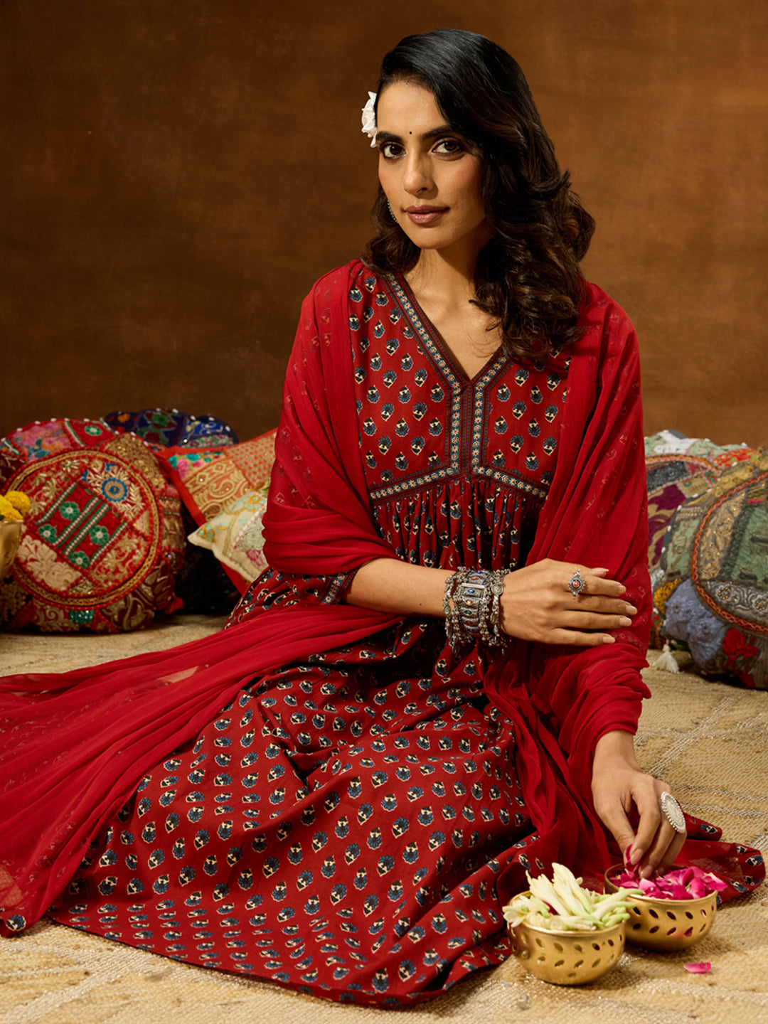 Women's Maroon Pure Cotton Floral Printed A-line Kurta Set