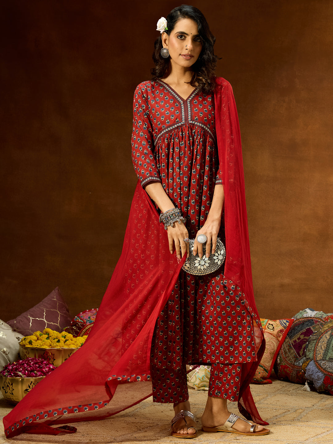 Women's Maroon Pure Cotton Floral Printed A-line Kurta Set