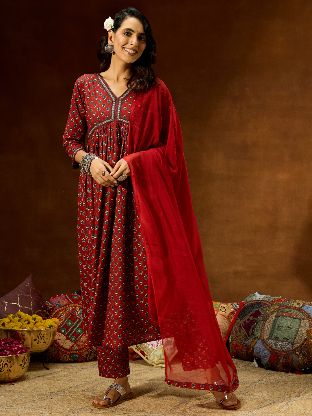 Women's Maroon Pure Cotton Floral Printed A-line Kurta Set