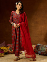 Women's Maroon Pure Cotton Floral Printed A-line Kurta Set