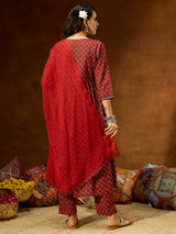 Women's Maroon Pure Cotton Floral Printed A-line Kurta Set