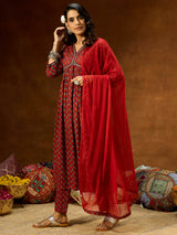 Women's Maroon Pure Cotton Floral Printed A-line Kurta Set