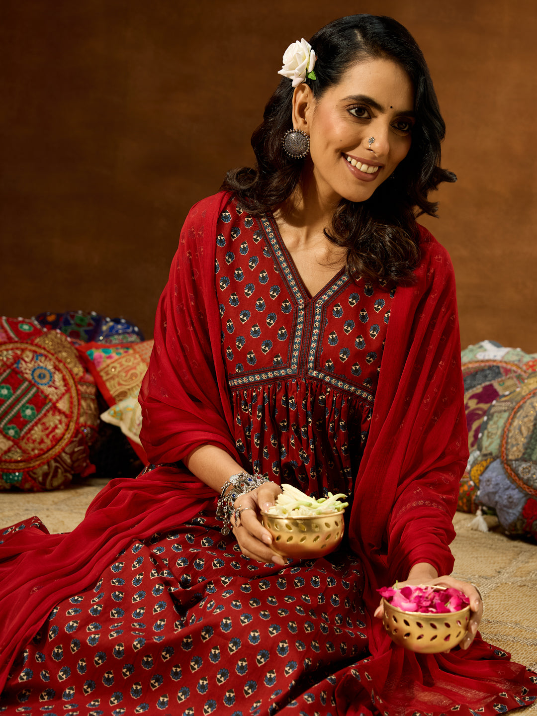 Women's Maroon Pure Cotton Floral Printed A-line Kurta Set