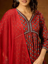 Women's Maroon Pure Cotton Floral Printed A-line Kurta Set