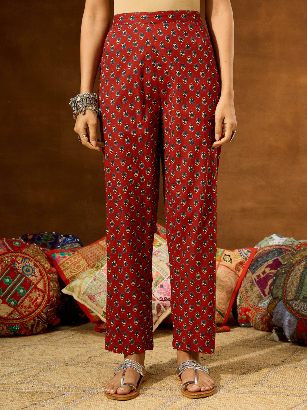 Women's Maroon Pure Cotton Floral Printed A-line Kurta Set