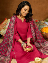 Women's Magenta Pure Cotton Self Design Straight Kurta Set With Printed Dupatta
