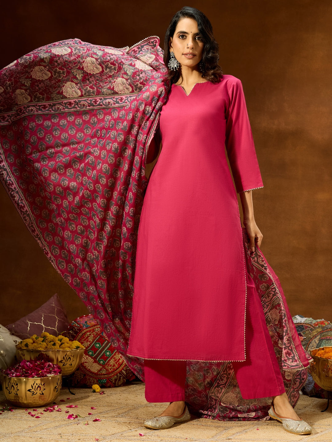 Women's Magenta Pure Cotton Self Design Straight Kurta Set With Printed Dupatta