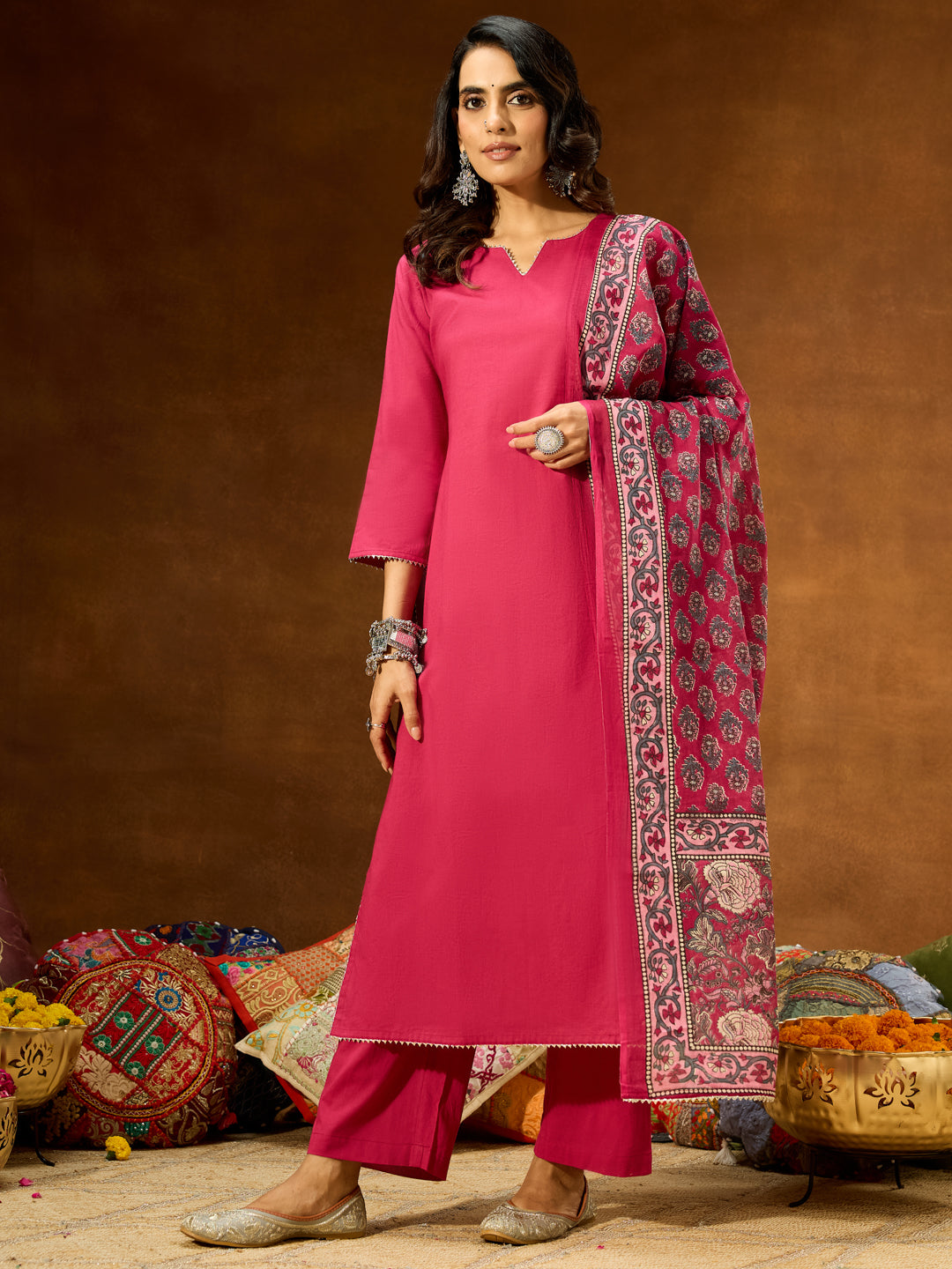 Women's Magenta Pure Cotton Self Design Straight Kurta Set With Printed Dupatta