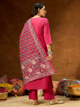 Women's Magenta Pure Cotton Self Design Straight Kurta Set With Printed Dupatta