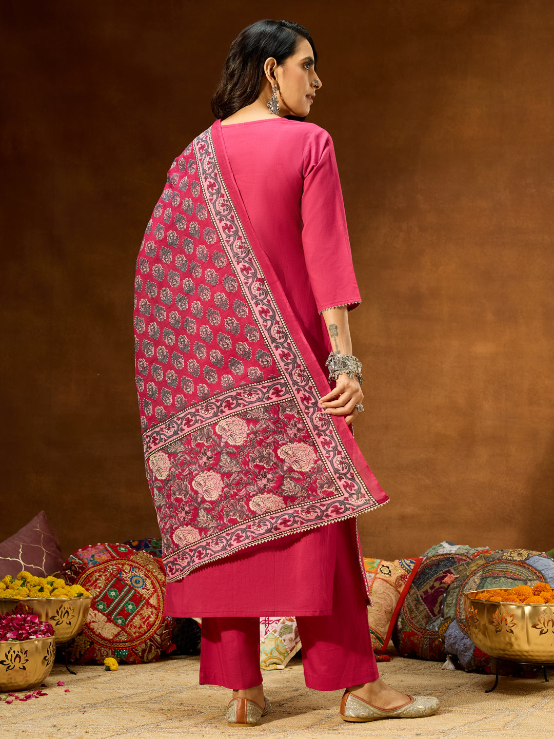 Women's Magenta Pure Cotton Self Design Straight Kurta Set With Printed Dupatta