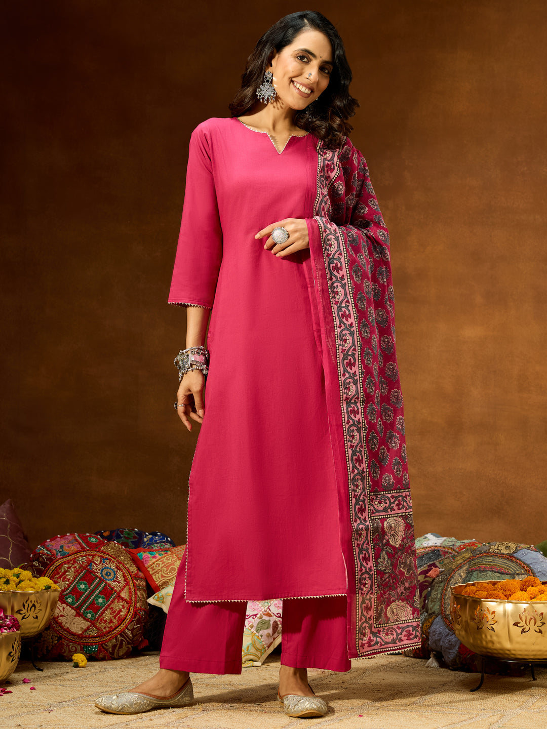 Women's Magenta Pure Cotton Self Design Straight Kurta Set With Printed Dupatta