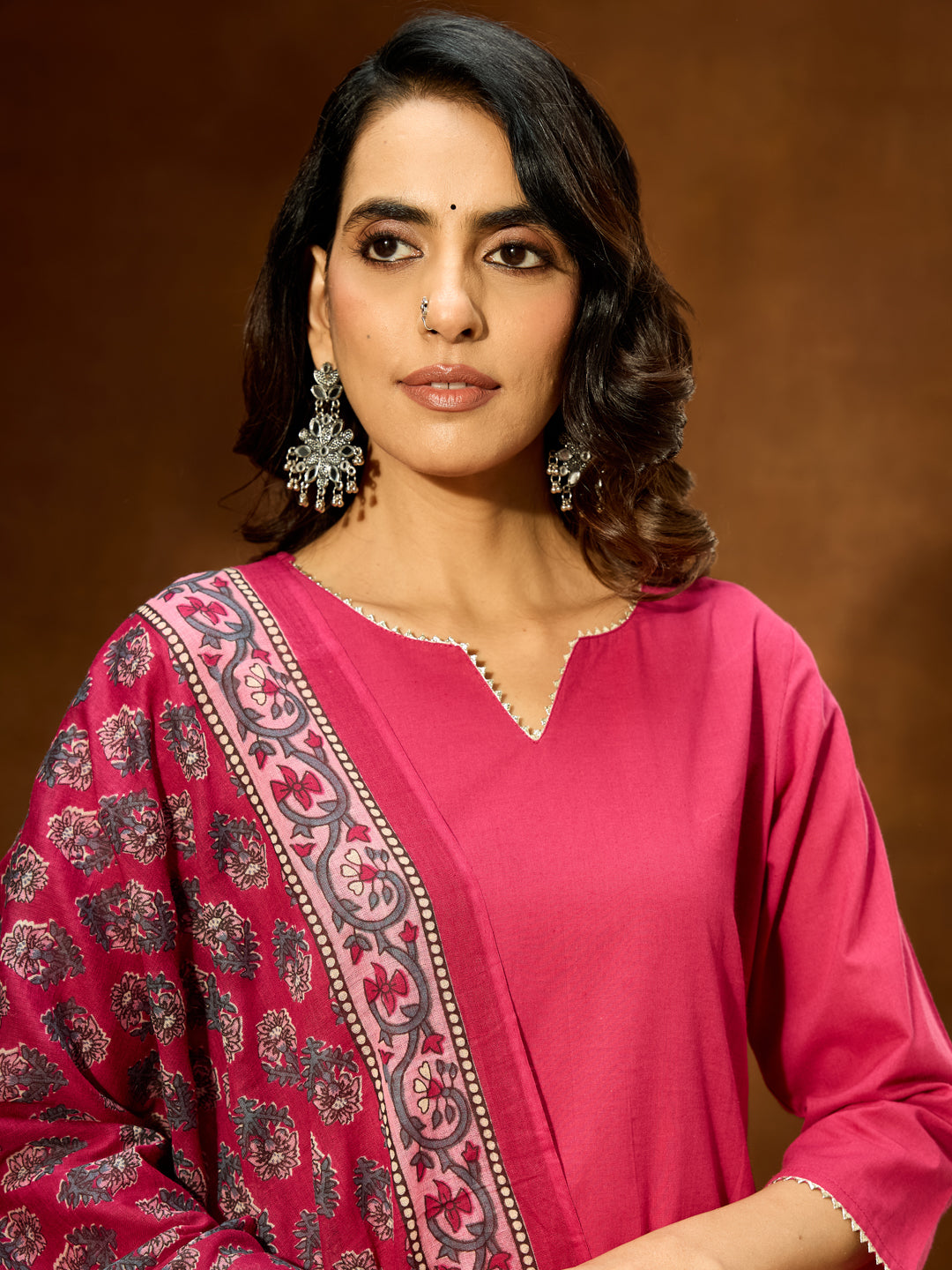 Women's Magenta Pure Cotton Self Design Straight Kurta Set With Printed Dupatta