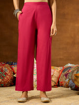 Women's Magenta Pure Cotton Self Design Straight Kurta Set With Printed Dupatta