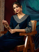 Teal Blue Velvet Zari Embroidered Straight Kurta Set for Women
