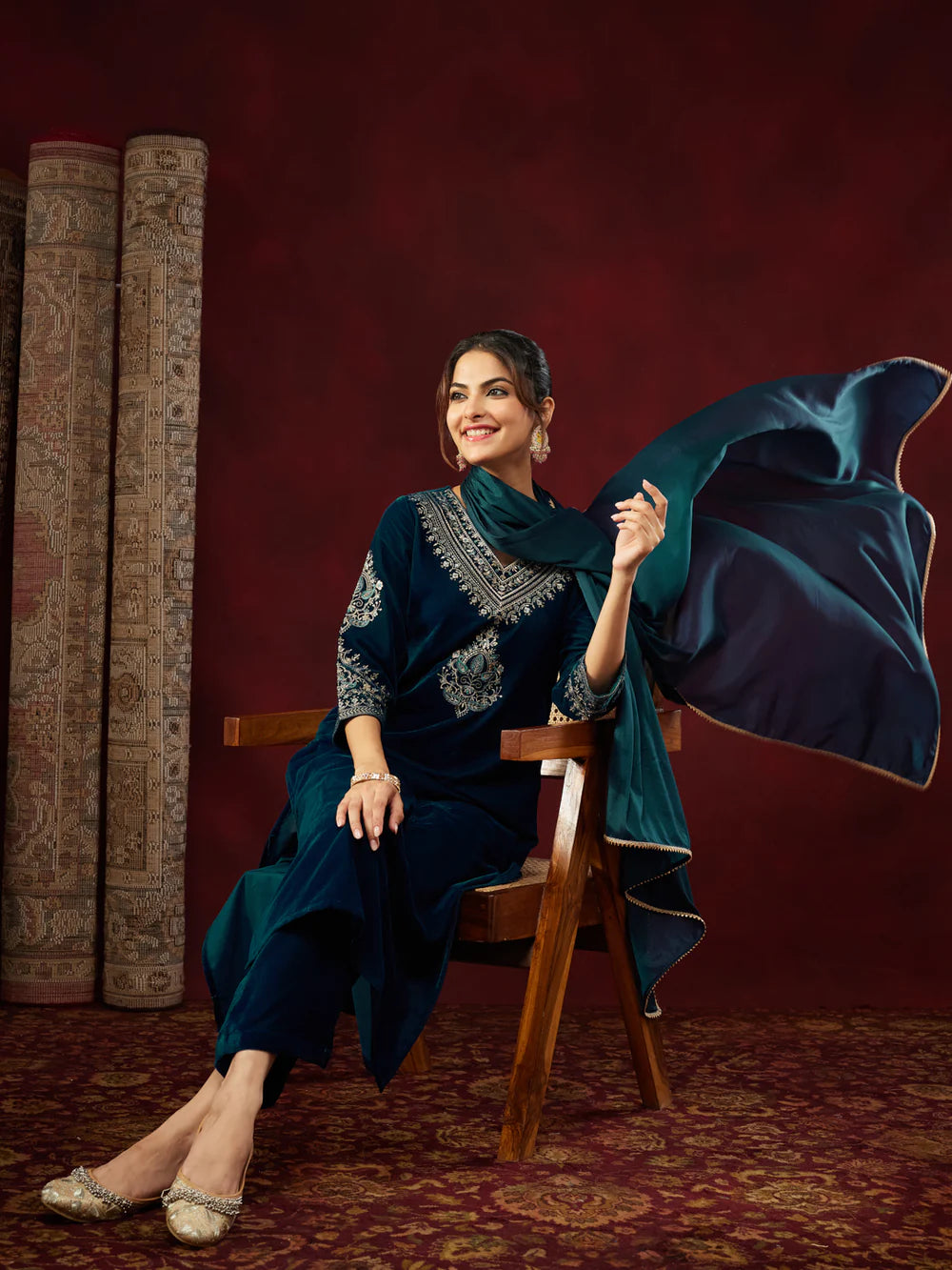 Teal Blue Velvet Zari Embroidered Straight Kurta Set for Women