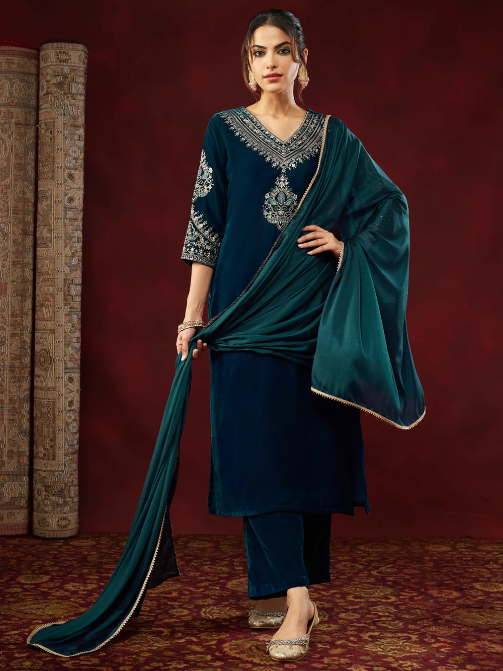 Teal Blue Velvet Zari Embroidered Straight Kurta Set for Women