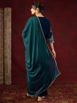 Teal Blue Velvet Zari Embroidered Straight Kurta Set for Women