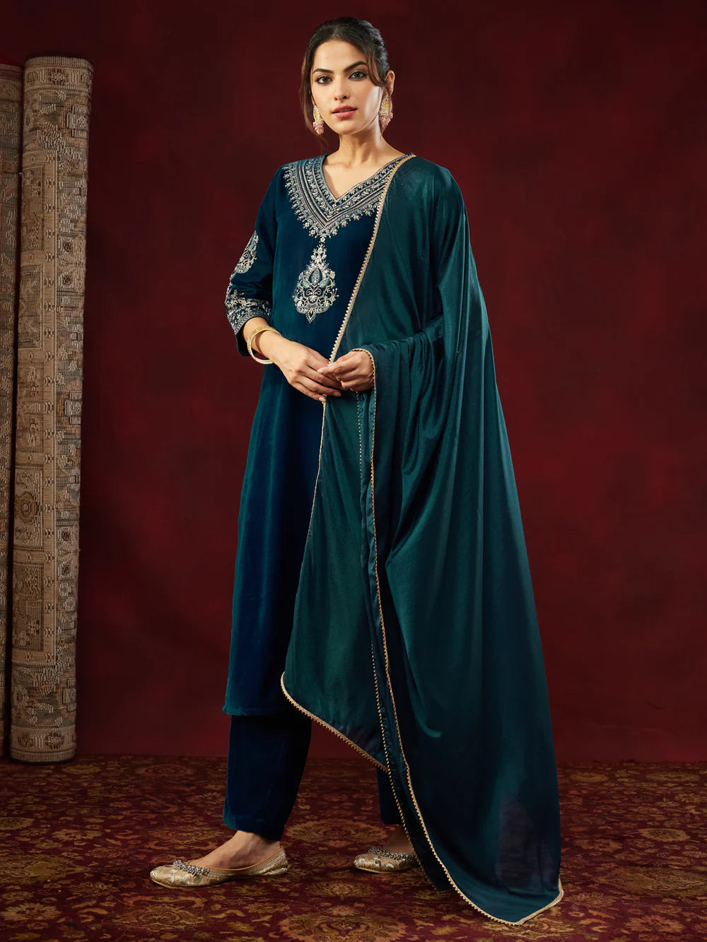 Teal Blue Velvet Zari Embroidered Straight Kurta Set for Women