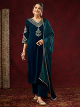 Teal Blue Velvet Zari Embroidered Straight Kurta Set for Women