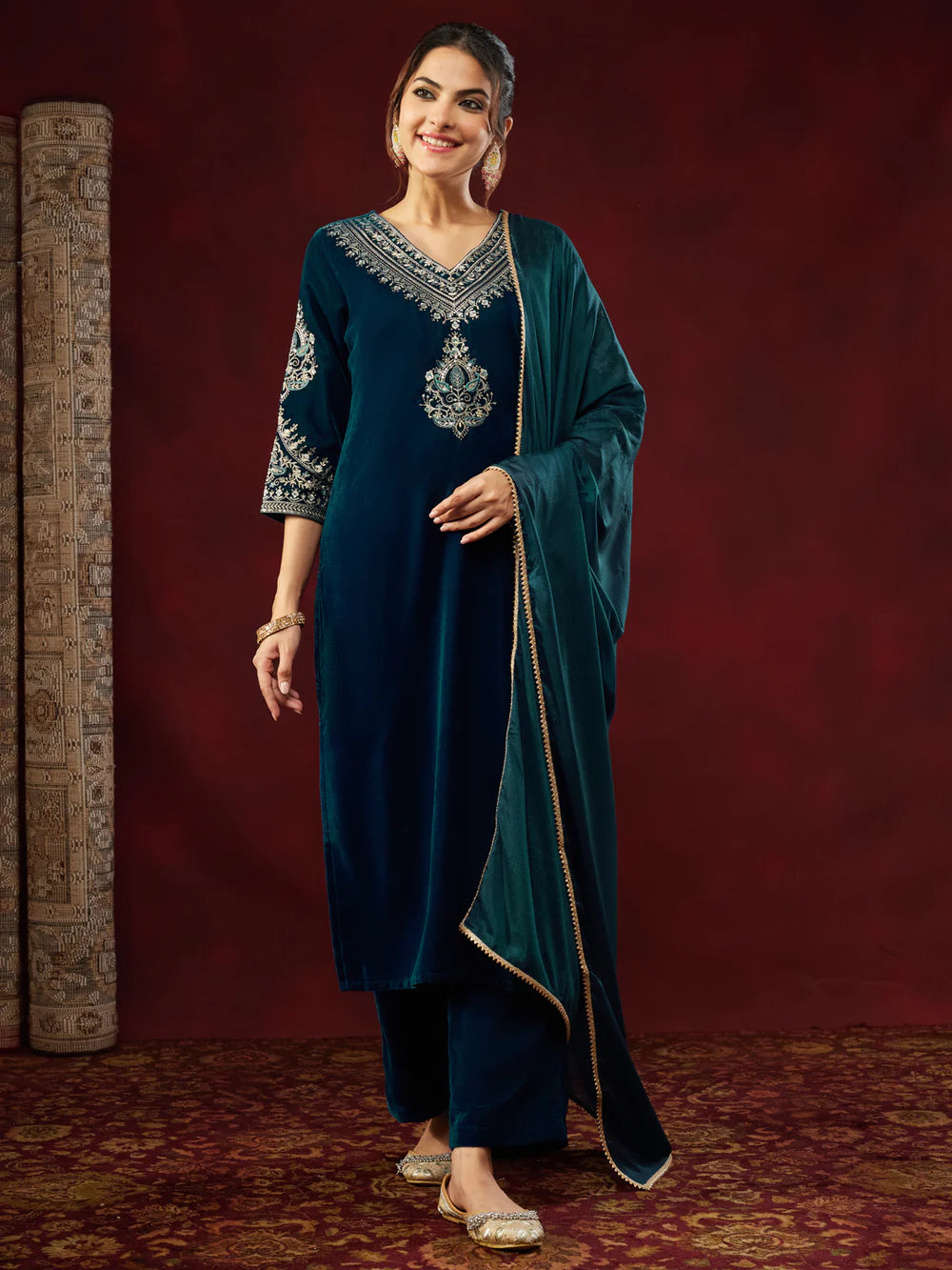 Teal Blue Velvet Zari Embroidered Straight Kurta Set for Women