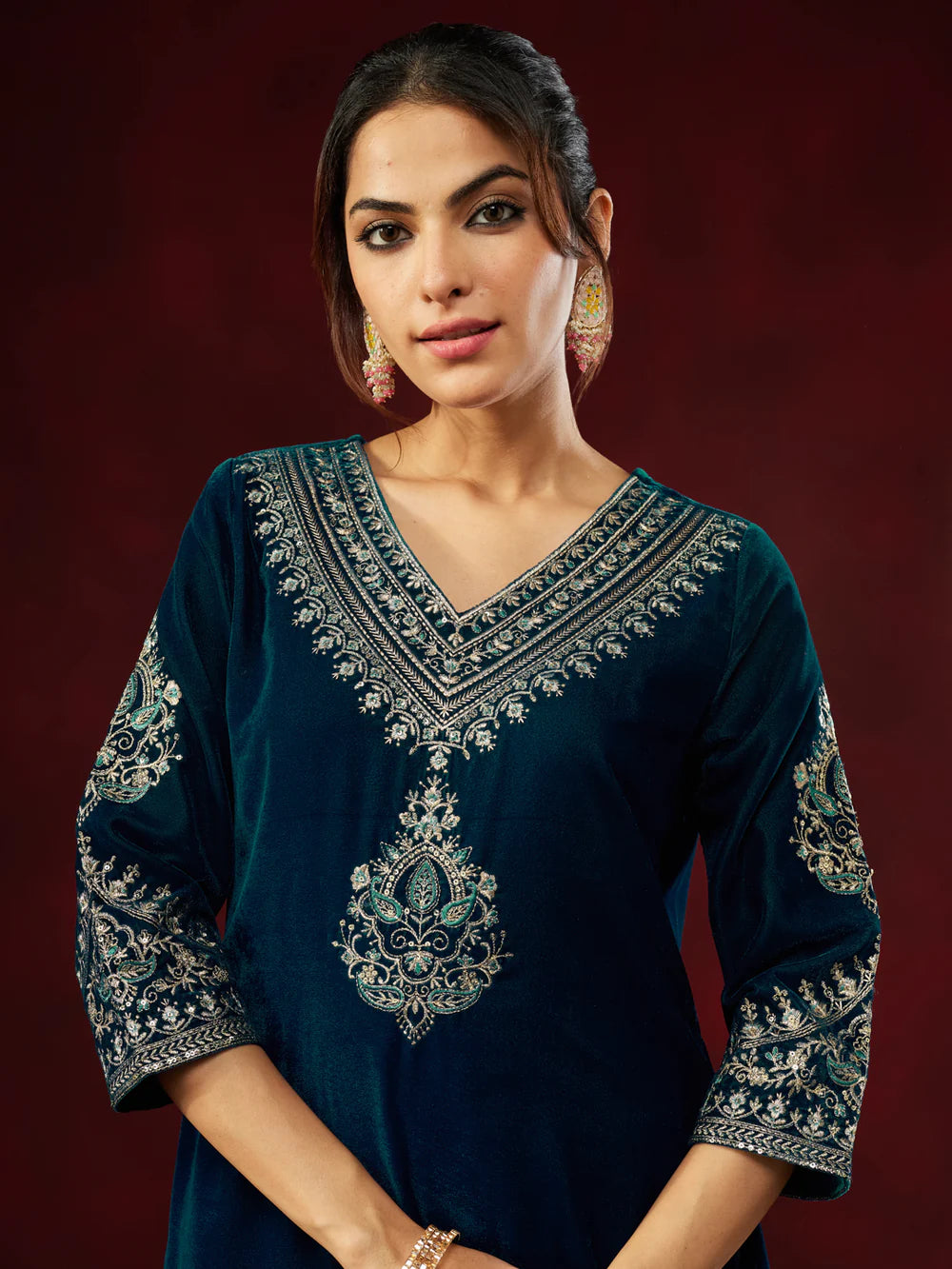 Teal Blue Velvet Zari Embroidered Straight Kurta Set for Women